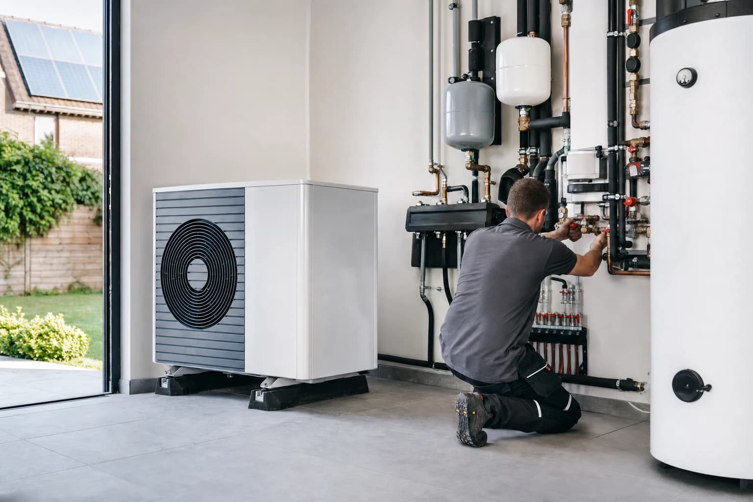 Technieker aan het werk aan een warmtepompinstallatie in een woning