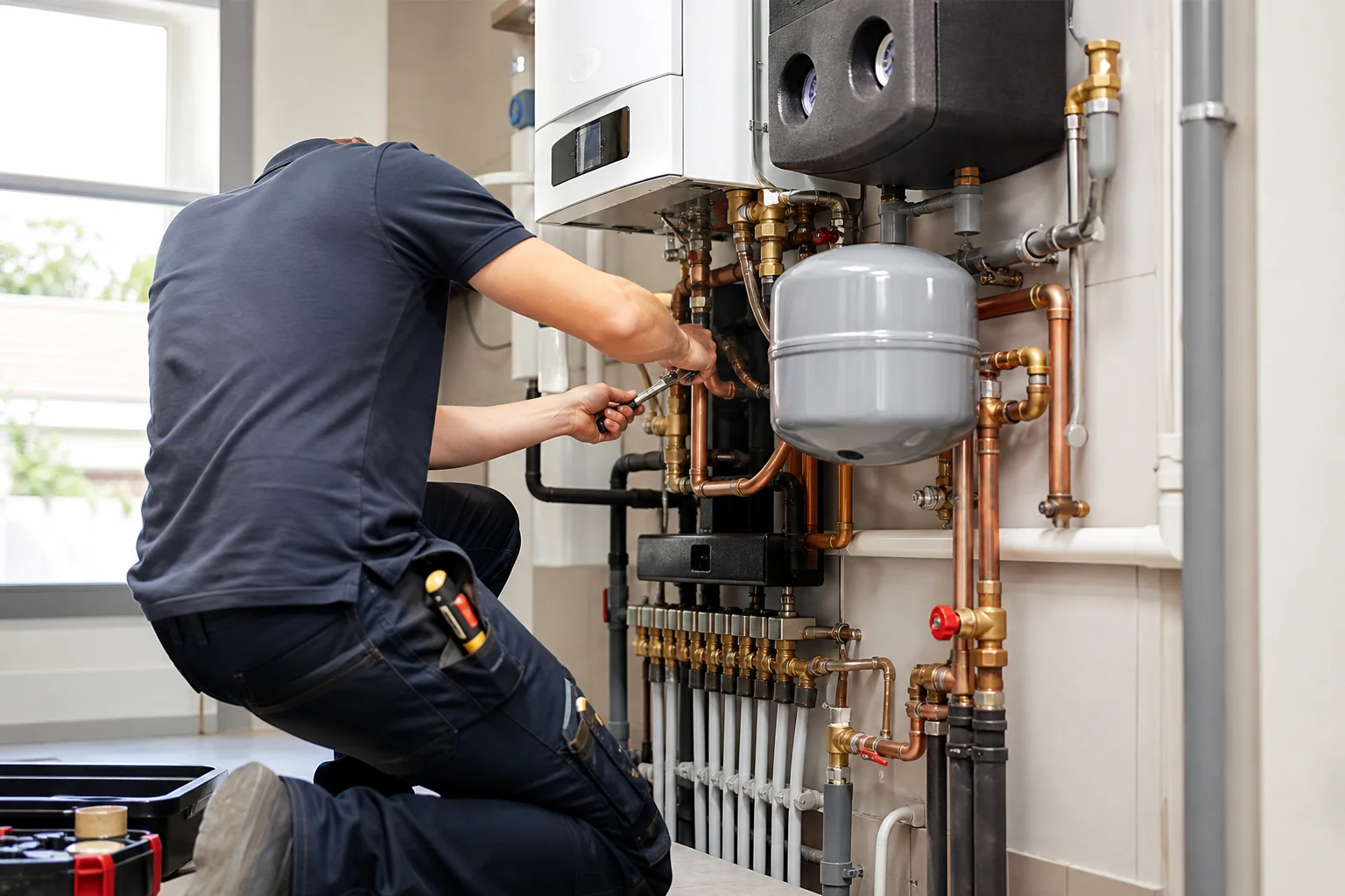 Technieker aan het werk aan een verwarmingsinstallatie in een woning